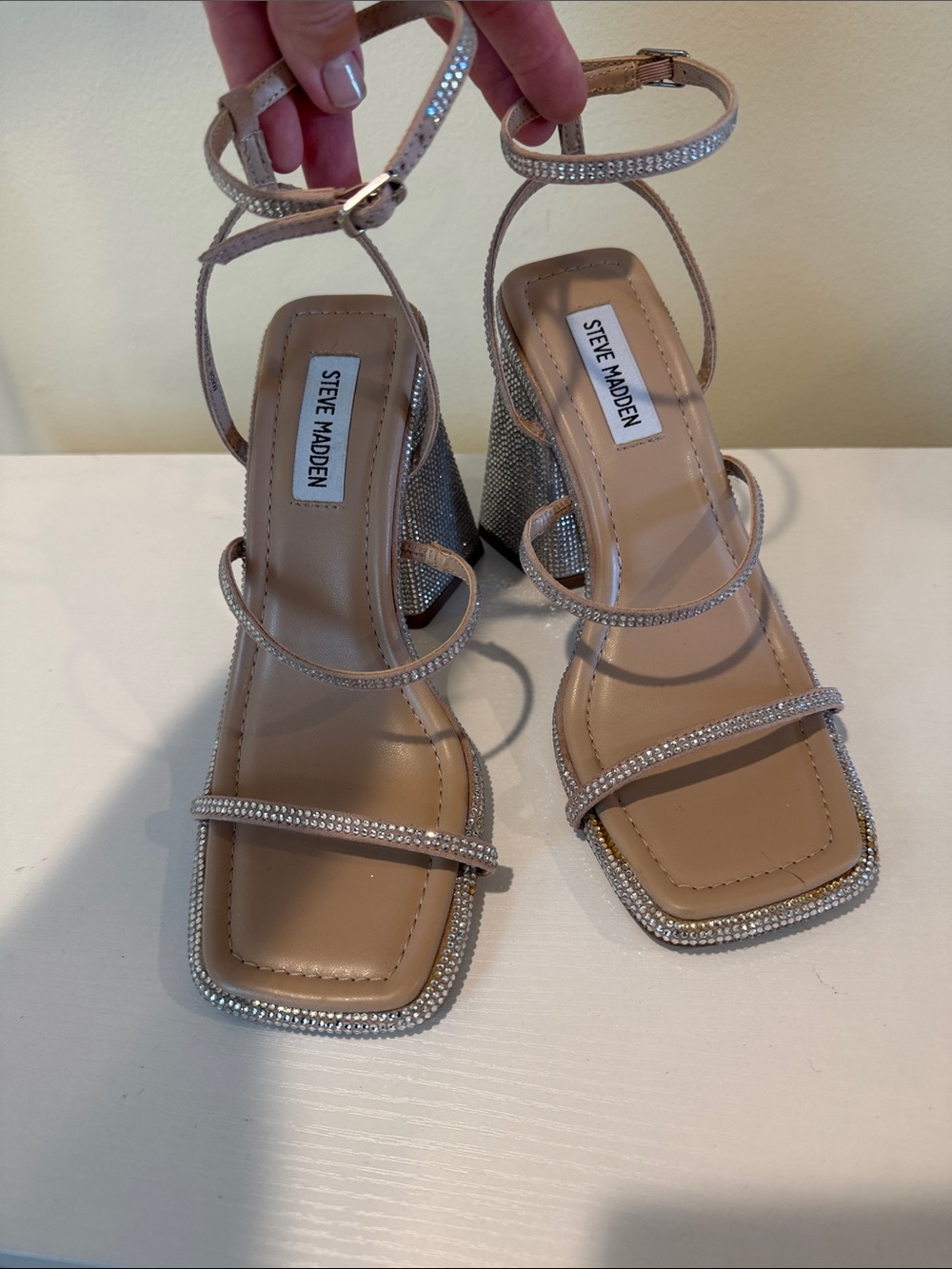 Steve Madden Nude Rhinestone Strappy Block Heels